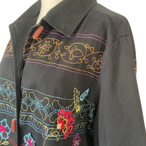 Womens Large Embroidered Blazer Jacket Floral Boho Art To Wear Artsy - Black - Picture 4 of 11